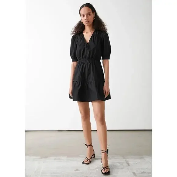 & Other Stories | Dresses | Other Stories Black Puff Sleeve Tie Waist V  Neck Tiered Mini A Line Dress Sz 6